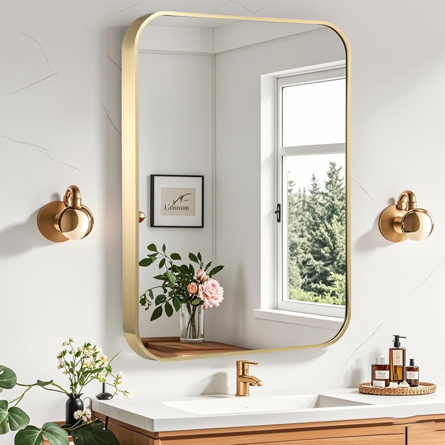 Gold Bathroom Mirror, 24x36 Inch Brushed Gold Mirror, Aluminum Alloy Framed Vanity Mirror, Rounded Rectangle Mirror for Over Sink, Anti-Rust Wall Mirror (Horizontally or Vertically)