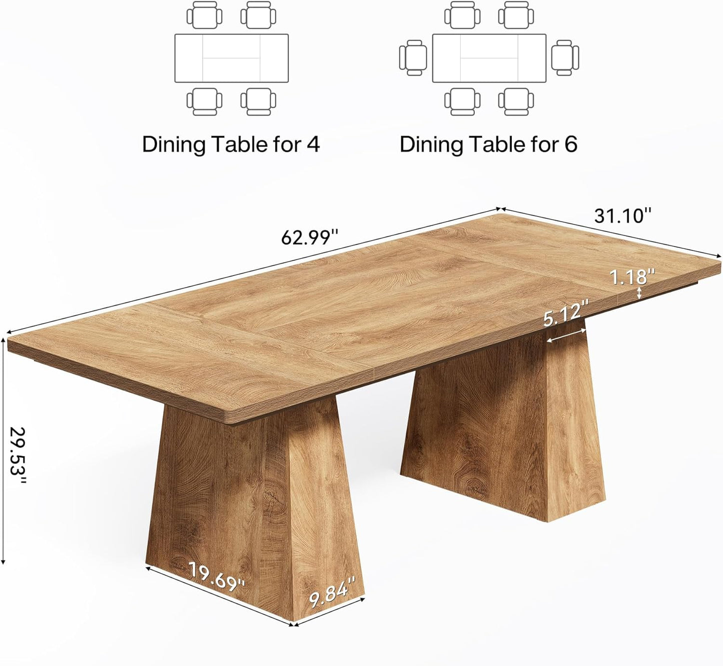 LITTLE TREE Dining Table for 6 People, Wooden Table, Rectangle Furniture with Heavy Duty Legs, Modern Kitchen Table for Home, Dining Room, Oak