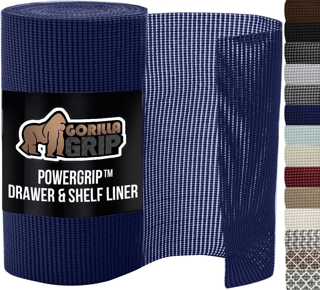 GORILLA GRIP powerGRIP Drawer Shelf and Cabinet Liner, Thick Strong Hold, Non-Adhesive Liners Protect Kitchen Cabinets and Cupboard, Bathroom Drawers, Easy Install, Breathable Mat, 12" x30', Navy Blue