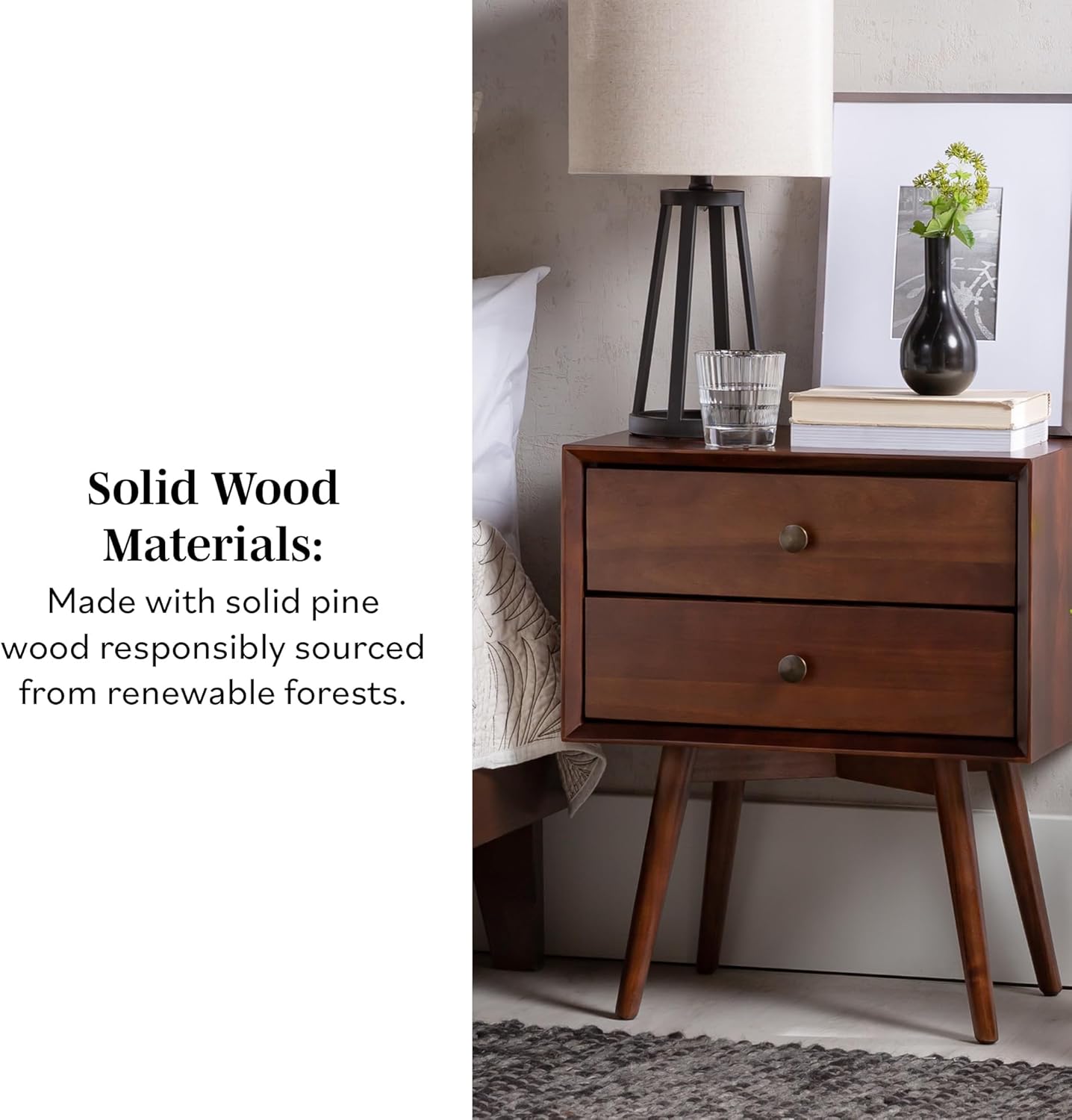 Walker Edison Mid Century Modern Wood Nightstand Side Table Bedroom Storage Drawer Bedside End Table, 2 Drawer, Walnut