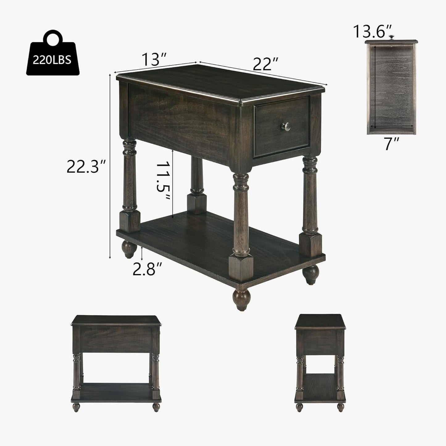 Narrow End Table with Drawer and Open Storage Shelf, Solid Wood Sofa Side Table for Living Room, Beside Table,Telephone Table for Small Spaces, No-Tools Assembly Vintage Black BBJ004BK