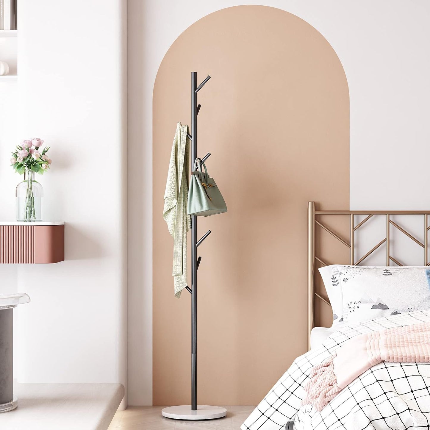 Black Metal Coat Rack, Freestanding with Hooks, Entryway Coat Rack Stand, Coat Racks with Marble Base, Coat Tree for Hanging Clothes, Hats, Bags