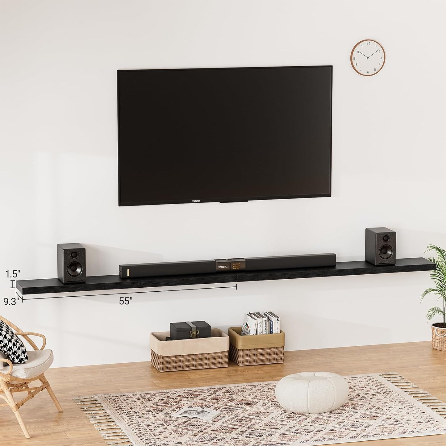 Heimlove 55 Inch Long Floating Shelves for Wall,9.3" Deep Black Floating Shelf Set of 2,Large Display Shelf & Storage Shelf,Wall Mounted Shelves for Bedroom Living Room Kitchen Office