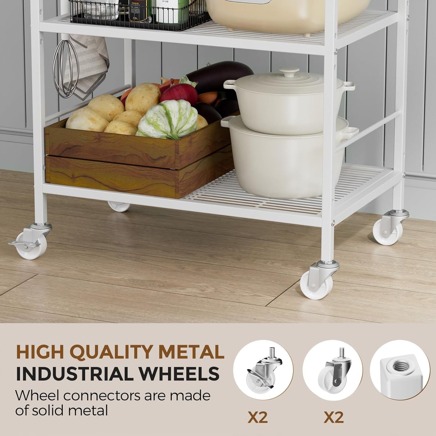 3-Tier Metal Storage Rack with Industrial Wheels,Mesh Shelving Unit with Wooden Table top,Adjustable Shelf,23.6-Inch Width,15.8-Inch Depth, for Kitchen, Laundry,Pantry,Plant,white