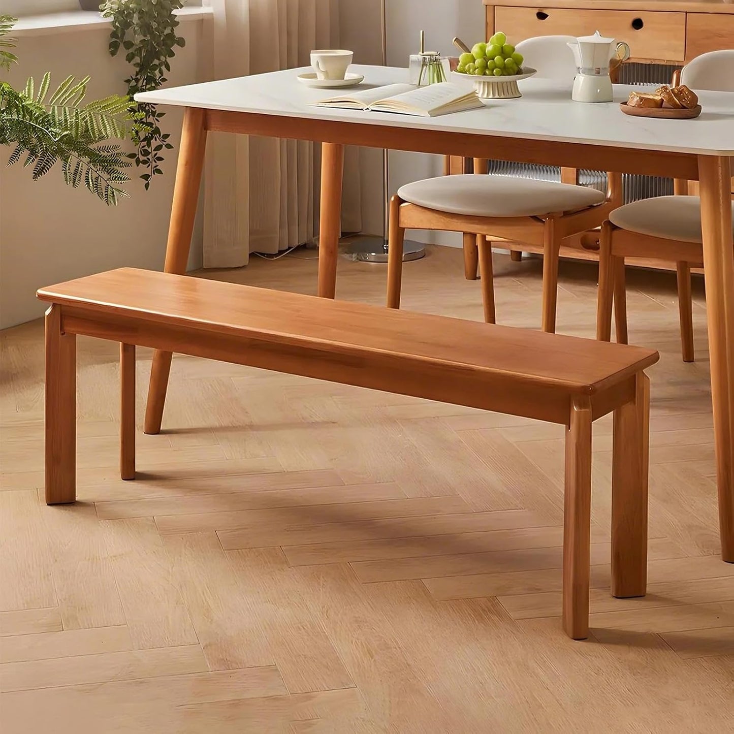 Dining Bench, Solid Wood Bench with Wide Seat, Mid Century Modern Bench, End of The Bed Bench, 47.2" L x 11" W x 16.5" H(Natural)