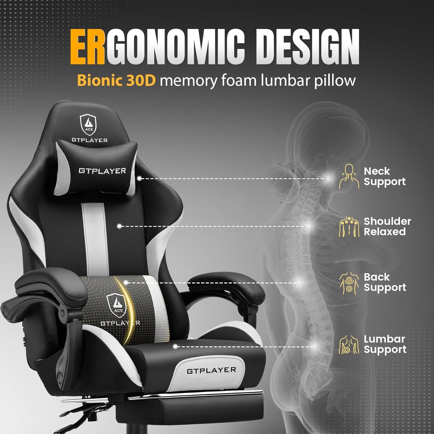 GTRACING Gaming Chair with Foot Rest & Pocket Spring Cushion, Ergonomic High Back Computer Chair with Headrest & 360°-Swivel Seat for Home Office Desk, PU Leather, White/Black