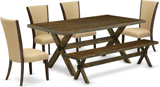 East West Furniture X777VE703-6 6 Piece Dining Set Contains a Rectangle Dining Room Table with X-Legs and 4 Brown Linen Fabric Parson Chairs with a Bench, 40x72 Inch, Multi-Color