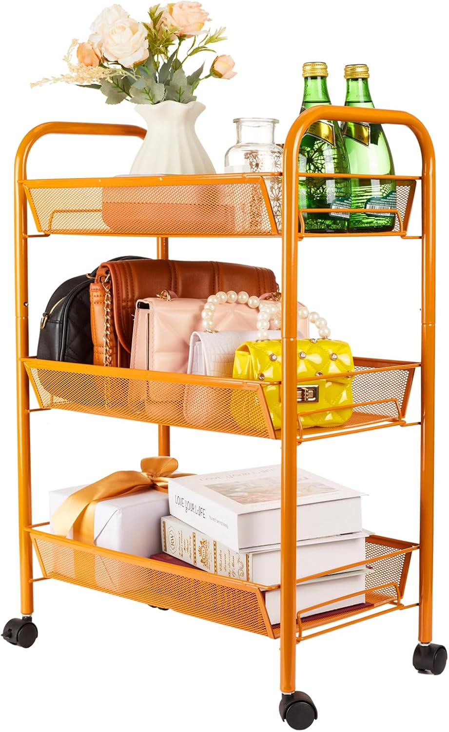 3-Tier Metal Rolling Cart, Storage Shelf with Lockable Caster Wheels, Mobile Storage Cart Used for Kitchen, Bathroom, Livingroom(Orange)