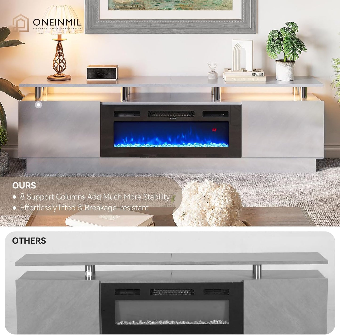 80" TV Stand & Entertainment Center, Media Console with Storage Cabinet, Fits TVs up to 90", Modern Living Room Furniture, 36" Electric Fireplace (Grey+Black)