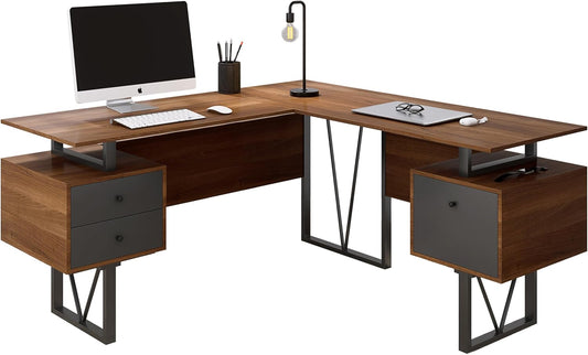 Techni Mobili Reversible L Shaped Desk with File Cabinet and Drawers 59” W – Modern Versatile L Shaped Office Desk with Drawers and File Cabinet - Brown
