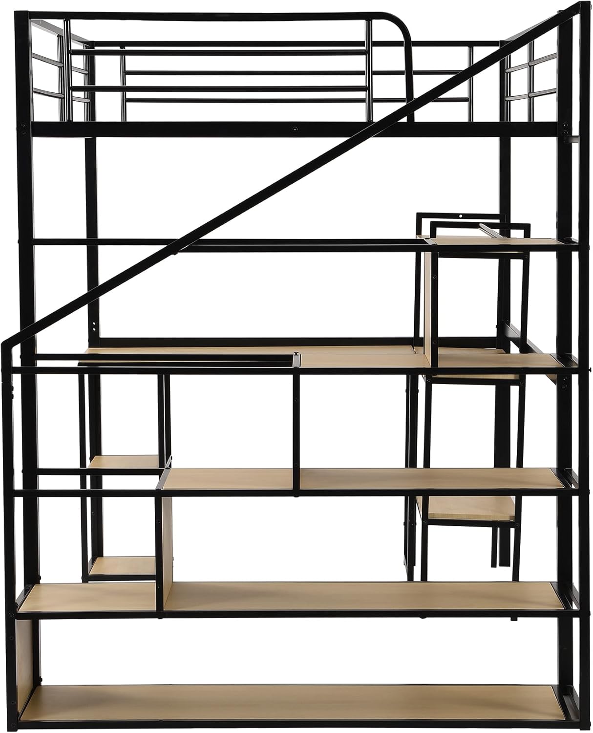 Full Size Metal Loft Bed with Staircase,Full-Length Guardrails,a Built-in Desk and a 3-Tier Shelf,No Box Spring Needed,Noise Free,for Juniors&Adults,Black