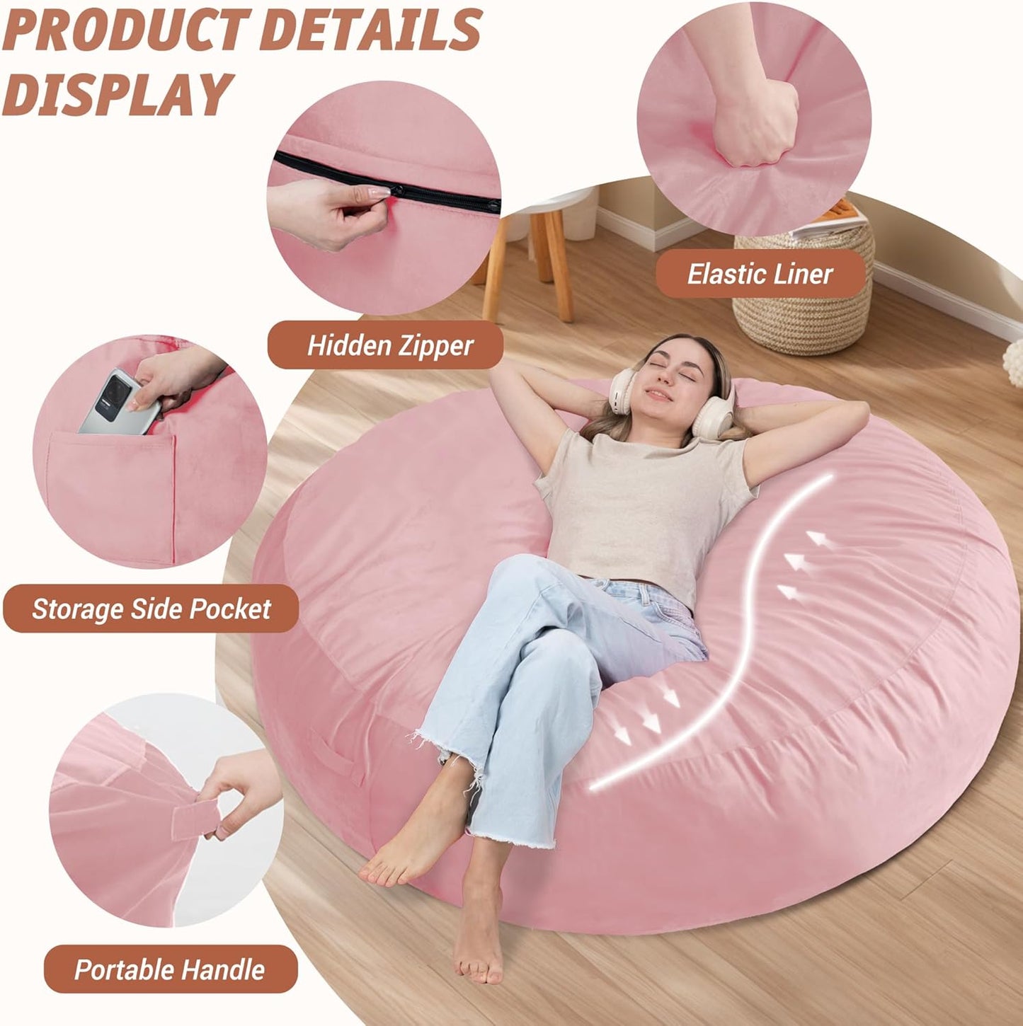7FT Bean Bag Chair with Ultra Soft Velvet Cover Bean Bag Sofa with Memory Foam Bean Bag Chairs with Large Size Lazy Sofa for Dorm Office Living Room Bedroom Light Pink 7'