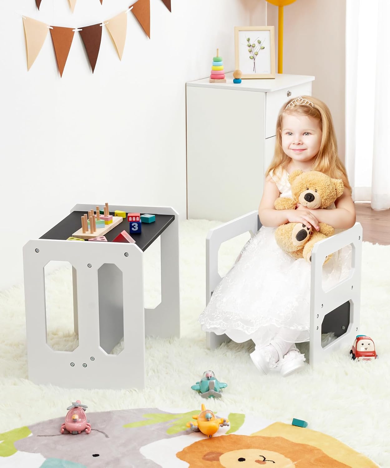 Kids Table and Chair Set, 3-in-1 Wooden Children's Furniture with Blackboard, Water Resistant, Easy to Clean,Toddler Weaning Table for Bedroom, Playroom, Living Room (Grey and Black)