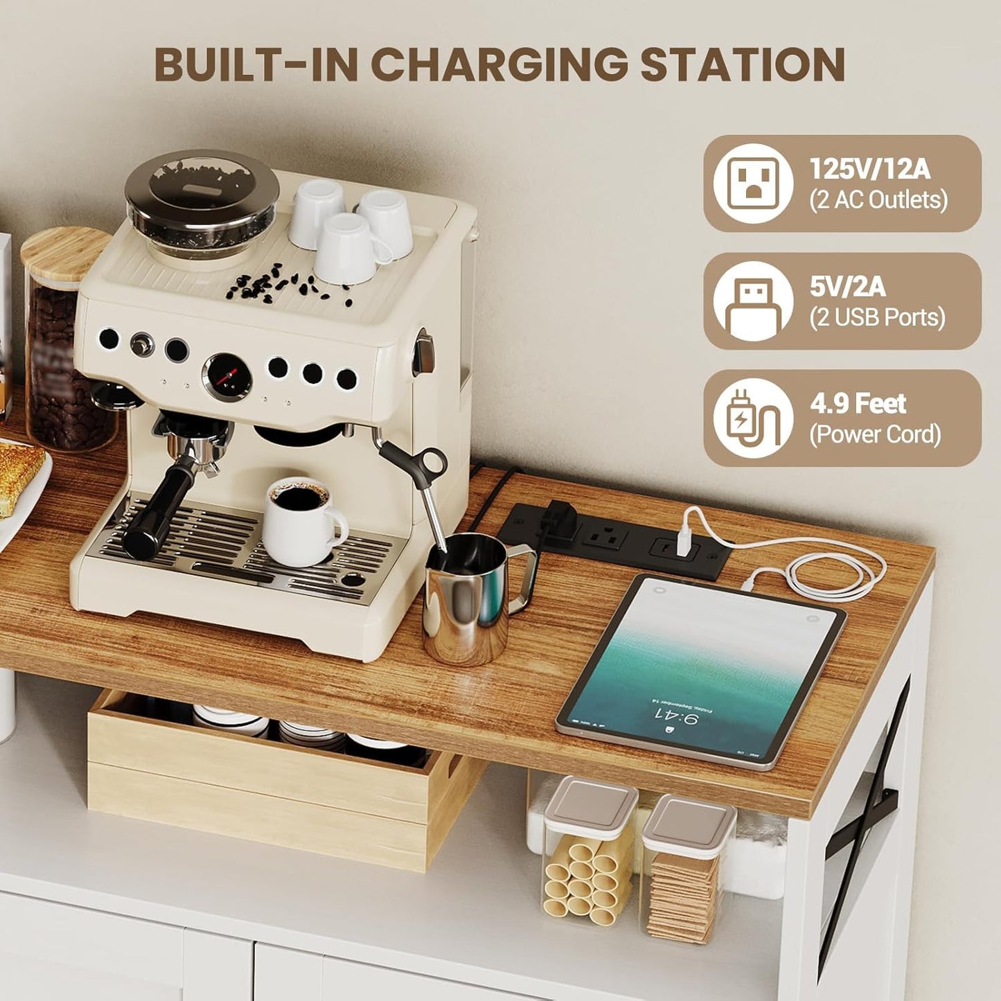 Buffet Cabinet Sideboard with Storage, 47" Farmhouse Coffee Bar Kitchen Buffet Storage Cabinet with 3 Drawers, Adjustable Shelves and Doors, Wood Kitchen Table for Dining Room Furniture