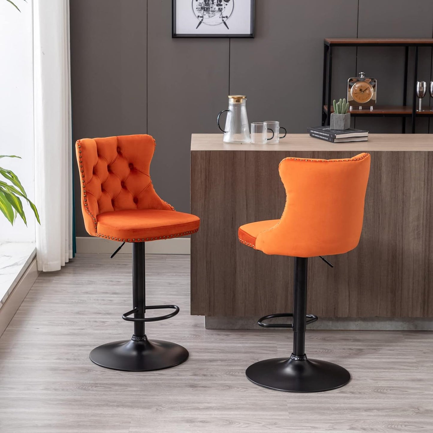 PacknWood Acosure Swivel Velvet Barstools Adjusatble Seat Height from 25-33" with 17.7" Base and Backs Comfortable Tufted,Modern Upholstered Bar Chairs for Home Pub Kitchen,Orange,Set of 2
