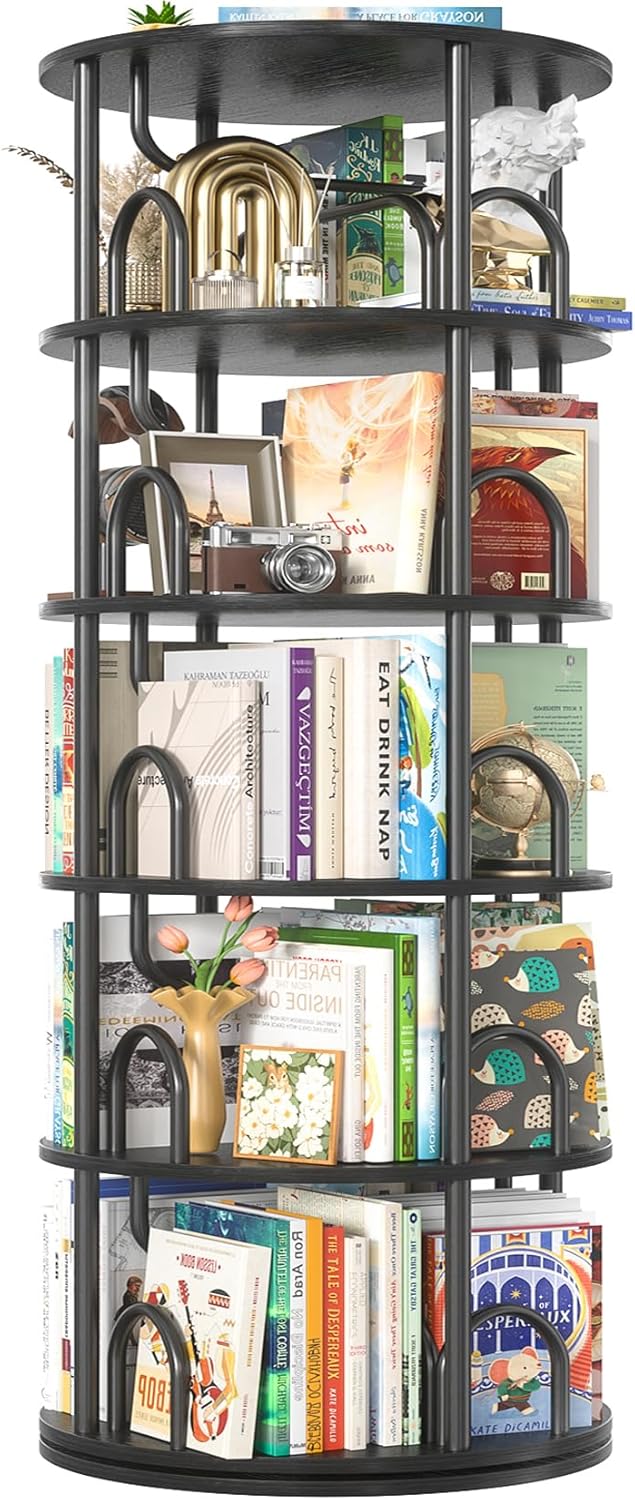 Aheaplus 5 Tier Rotating Bookshelf Tower, 360 Display Spinning Bookcase, Revolving Round Book Shelf Narrow Swivel Bookshelf, Vertical Turning Spiral Corner Book Organizer for Small Space, Black