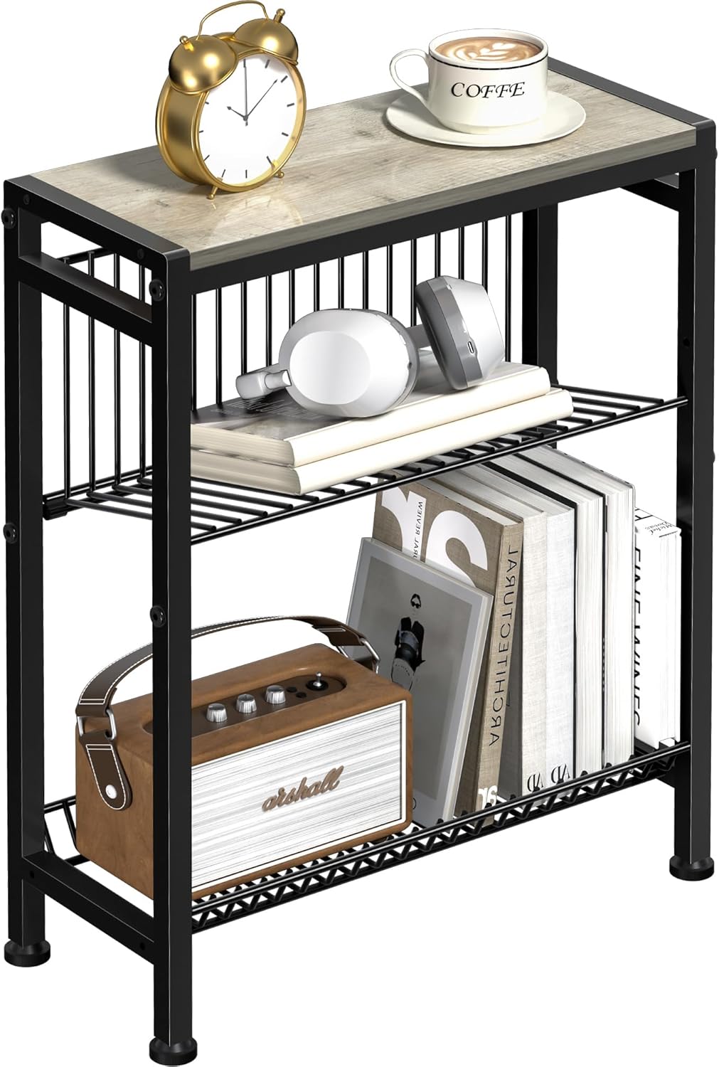 Narrow Side Table for Small Space, 3-Tier End Table with Magazine Holder, Slim Nightstand with Wire Shelf, Skinny Bedside Table in Living Room, Bedroom, Study, Kitchen and Balcony(Greige)