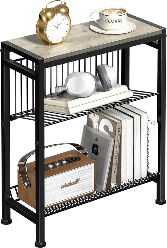 Narrow Side Table for Small Space, 3-Tier End Table with Magazine Holder, Slim Nightstand with Wire Shelf, Skinny Bedside Table in Living Room, Bedroom, Study, Kitchen and Balcony(Greige)