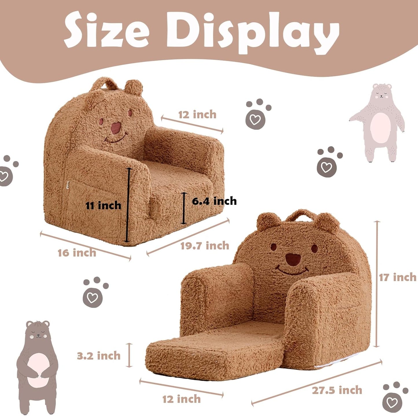 Toddler Chair,Sherpa Bear Kids Chair,Toddler Couch Fold Out,Children Reading Chair,Flip Out Kids Couch,Toddler Sofa Convertible for Age 1-3(Brown Bear)