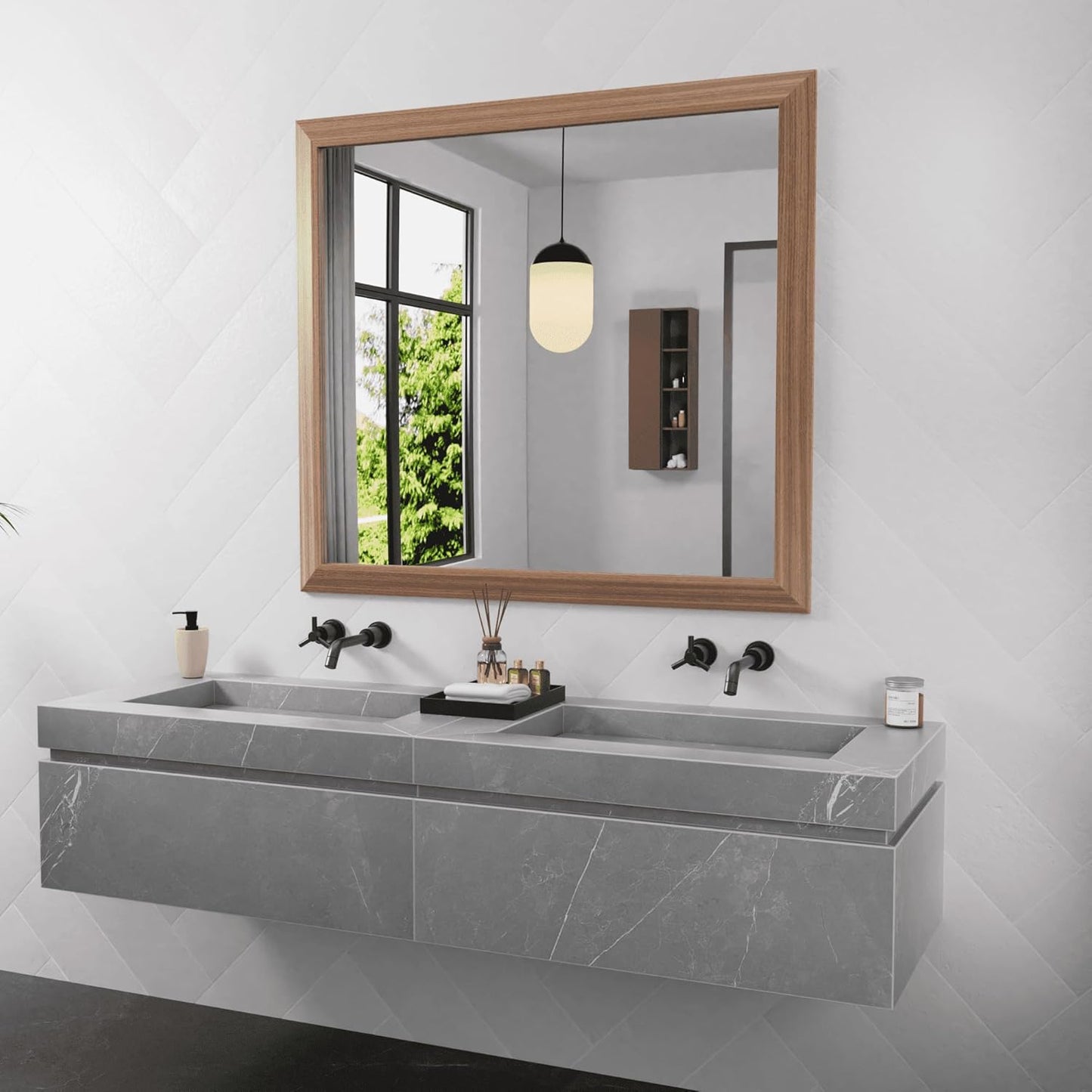 Amorho Bathroom Mirror, 40x36 Inch Wall Mirror, Walnut Wood Grain Metal Framed, Anti-Rust, Hang Horizontally/Vertically, Suitable for Bedroom, Farmhouse, Bathroom, Decorative