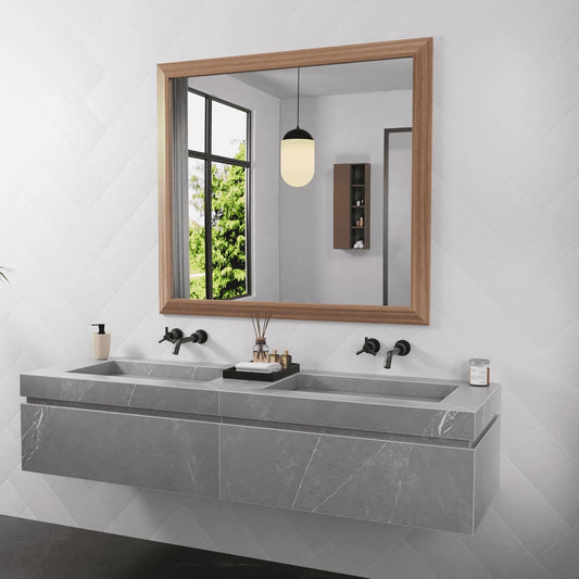 Amorho Bathroom Mirror, 40x36 Inch Wall Mirror, Walnut Wood Grain Metal Framed, Anti-Rust, Hang Horizontally/Vertically, Suitable for Bedroom, Farmhouse, Bathroom, Decorative