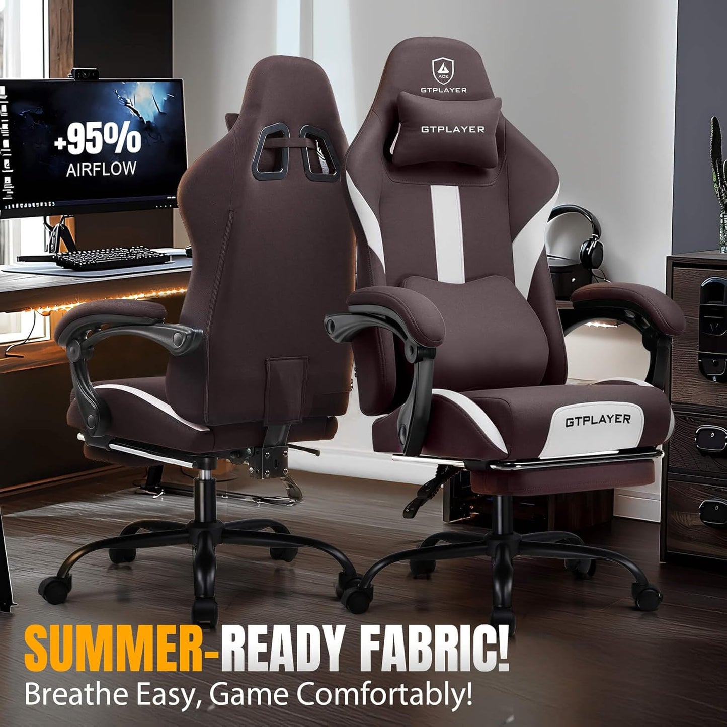 GTRACING Gaming Chair with Foot Rest & Pocket Spring Cushion, Breathable Fabric for Home Office Desk, Ergonomic High Back Computer Chair with Headrest & Lumbar Support, Brown