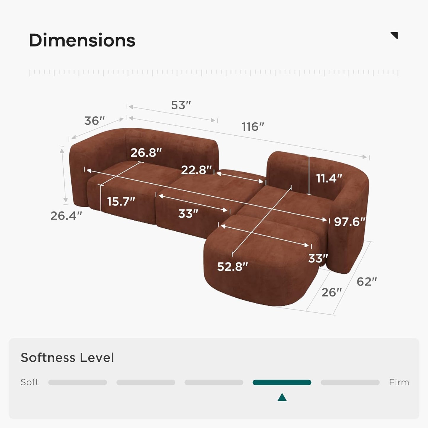 Acanva Luxury Modern Tight Curved Back Velvet Sofa, Minimalist Style Comfy Couch for Living Room Apartment, 4 Seater Modular Sectional, Tangerine