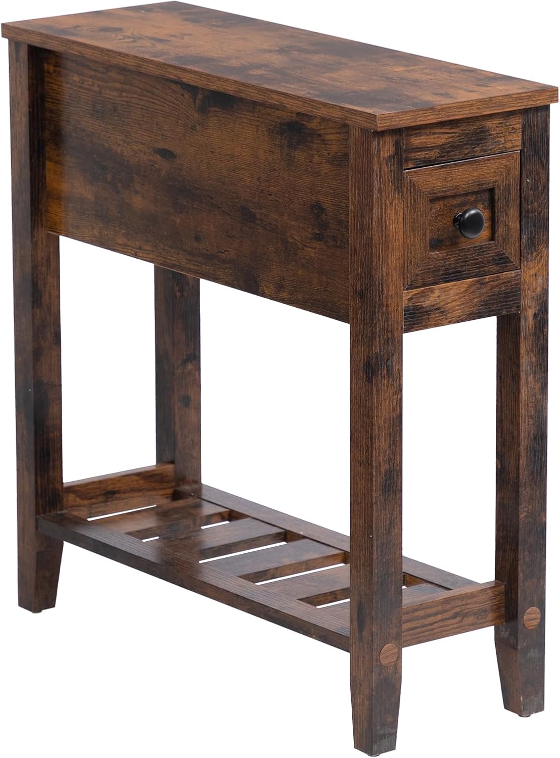 Brown Chairside Narrow End Table, Solid Wood Recliner Side Table with Drawer, Slim Nightstand Bedside Table for Living Room Bedroom