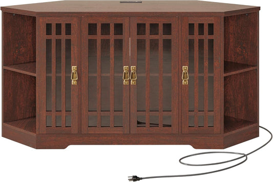 IRONCK Corner TV Stand for TVs up to 60 Inch with Power Outlet, Corner Entertainment Center with Storage Cabinet and Glass Doors, Mid Century Modern TV Stand for Living Room, Bedroom, Red Walnut