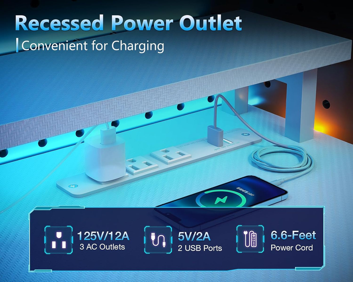 AODK 59 Inch Gaming Desk with USB Charging Ports & LED Light- Reversible Computer Desk with Storage Shelves & Monitor Stand, Modern Gamer Desk Table with Fabric Drawers & Side Hook, Carbon Fiber White