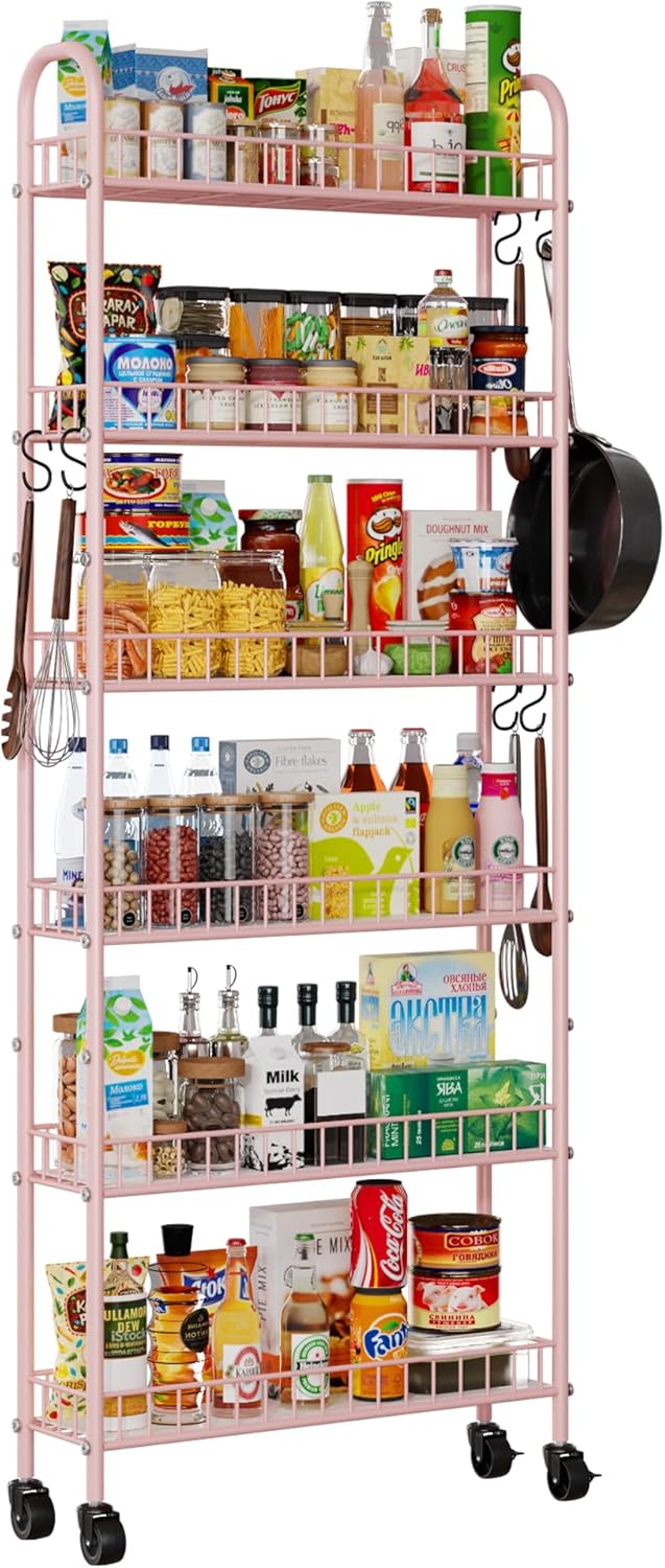 6-Tier Slim Storage Cart, Rolling Kitchen Cart with Wheels, Narrow Metal Shelf Organizer with Hooks for Kitchen, Bathroom, Living Room, Laundry, Small Spaces (Pink, 6 in)