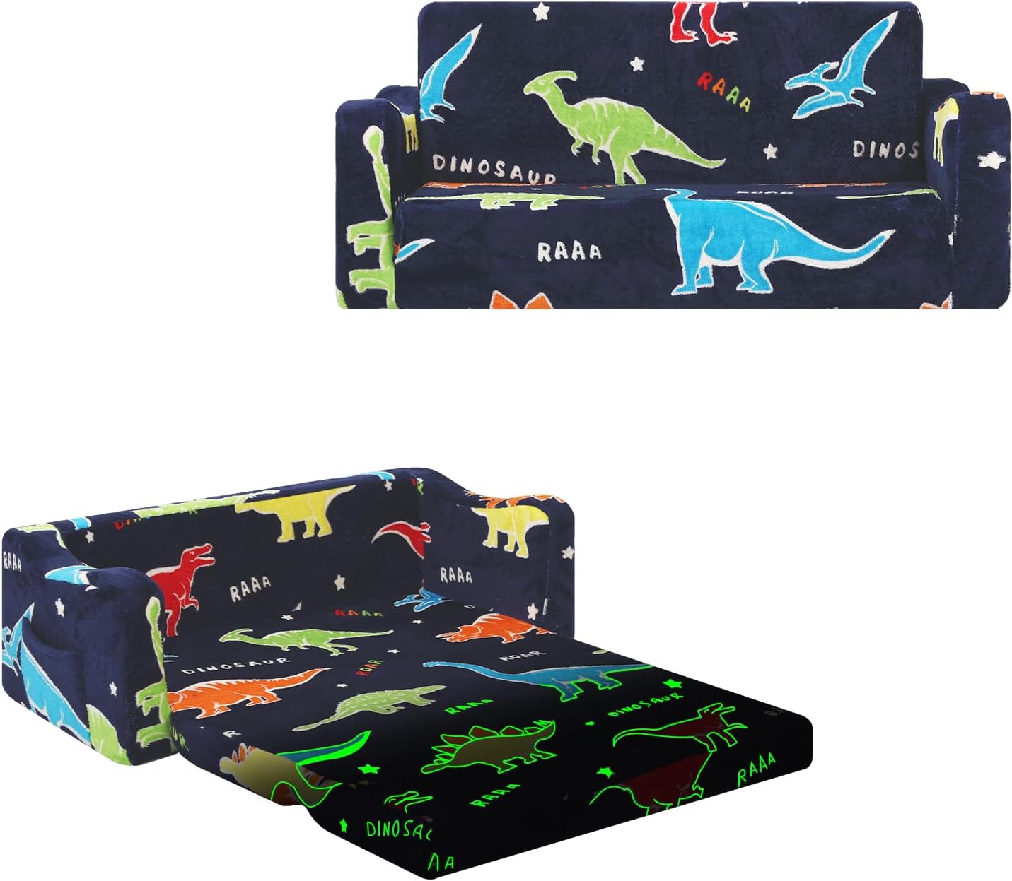 Kids Couch Extra Large,Glow in The Dark 2-in-1 Folding Kids Sofa Bed for Boys,2 Seats Convertible Sleeper Lounger Toddler Couch for Children Bedroom Playroom Nursery,Dinosaur