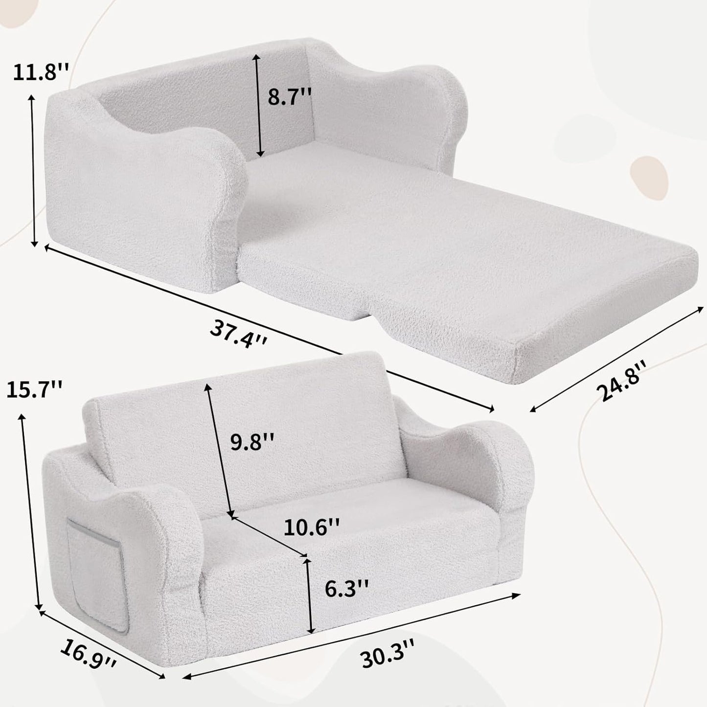 Extra Wide Toddler Chair, 2-in-1 Toddler Couch Fold Out, Convertible Sherpa Sofa to Lounger for Boys & Girls, Grey