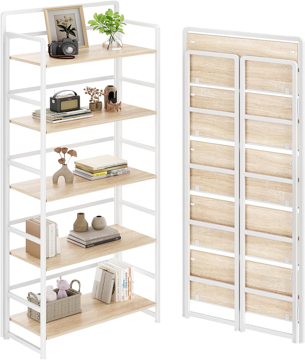 No Assembly Folding Bookshelf, 5 Tiers Collapsible Book Shelf for Home Office, Vintage Wood Foldable Bookcase Storage Organizer for Living Room Bedroom (Beige)