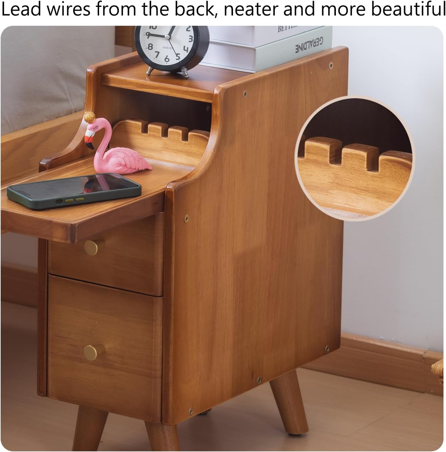 Small Nightstand, Narrow Nightstand, Solid Slim Wood Night Stand for Small Spaces, Couch, Walnut Color 7.87in Wide