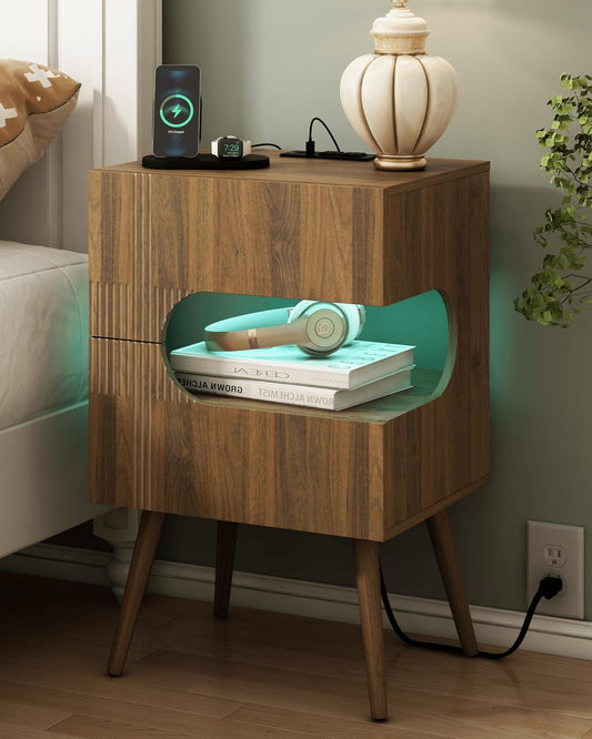 Nightstand with Charging Station and LED Lights,Modern Bedside Table with 2 Storage Drawer,Night Stand with Solid Wood Legs,White (Walnut Brown)