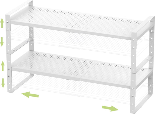 Expandable Stackable Aadjustable Shoe Rack Pantry Shelf for Kitchen Cabinets Counter Shelves Countertop Cupboard Storage Solution,Sturdy Heavy-Duty Metal Construction(2Packs/White/Large)
