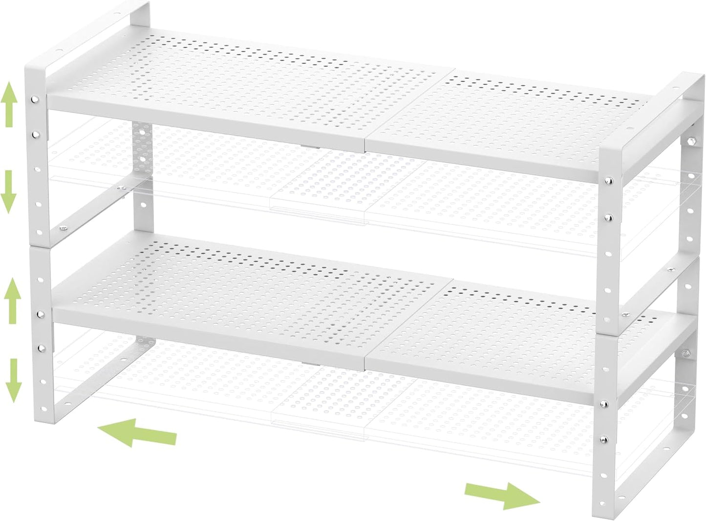 Expandable Stackable Aadjustable Shoe Rack Pantry Shelf for Kitchen Cabinets Counter Shelves Countertop Cupboard Storage Solution,Sturdy Heavy-Duty Metal Construction(2Packs/White/Medium)