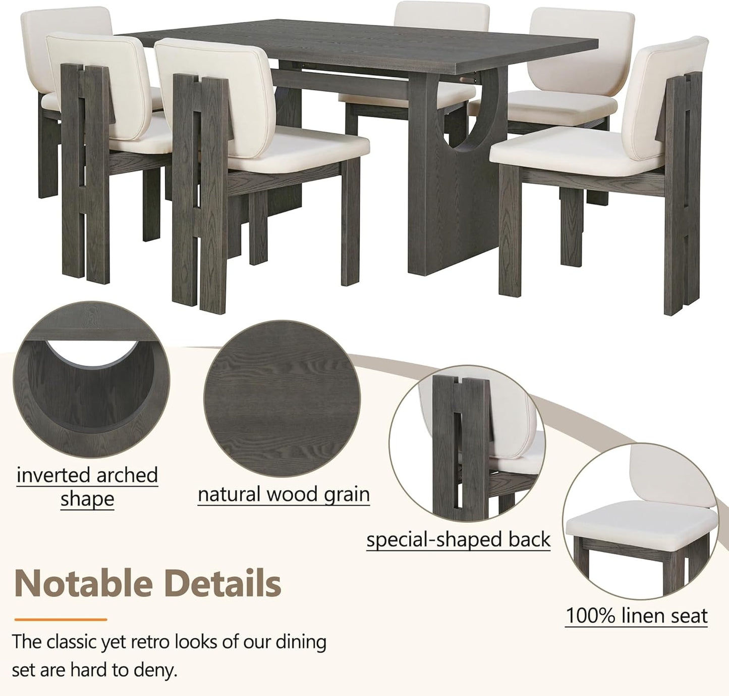 Ball & Cast 7-Piece Dining Table Set for 6 People, 59" Wood Dining Kitchen Table & Chairs Set, Dining Room Table with Trestle Base and 6 Upholstered Chairs, Perfect for Dining Room,Grey