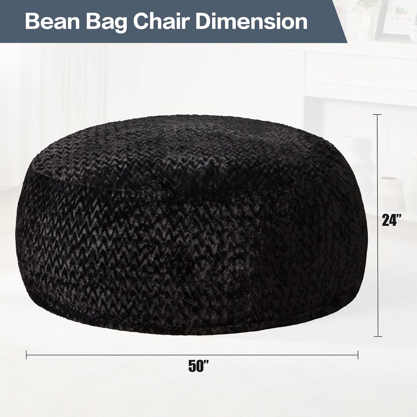 Hobestluk 5ft Bean Bag Chairs for Adults Large Beanbag Chair with Chevron Plush Fur Cover Big Bean Bag Chair for Living Room Bedroom Dorm Office - Black (50” x 50” x 24”)
