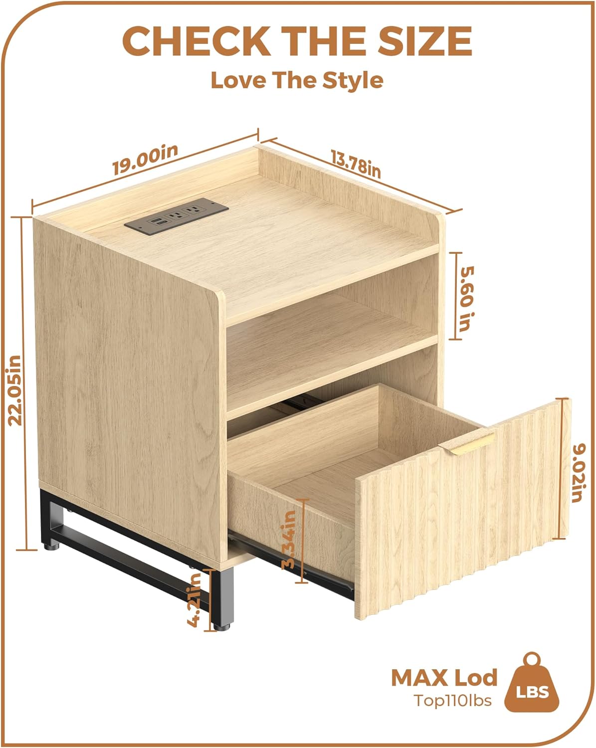 Fluted Night Stand Set 2 with Charging Station, Wood Nightstand with Large Drawer and Open Storage Cabinet, Mid-Century Modern Bedside Table End Table for Bedroom Closet Office
