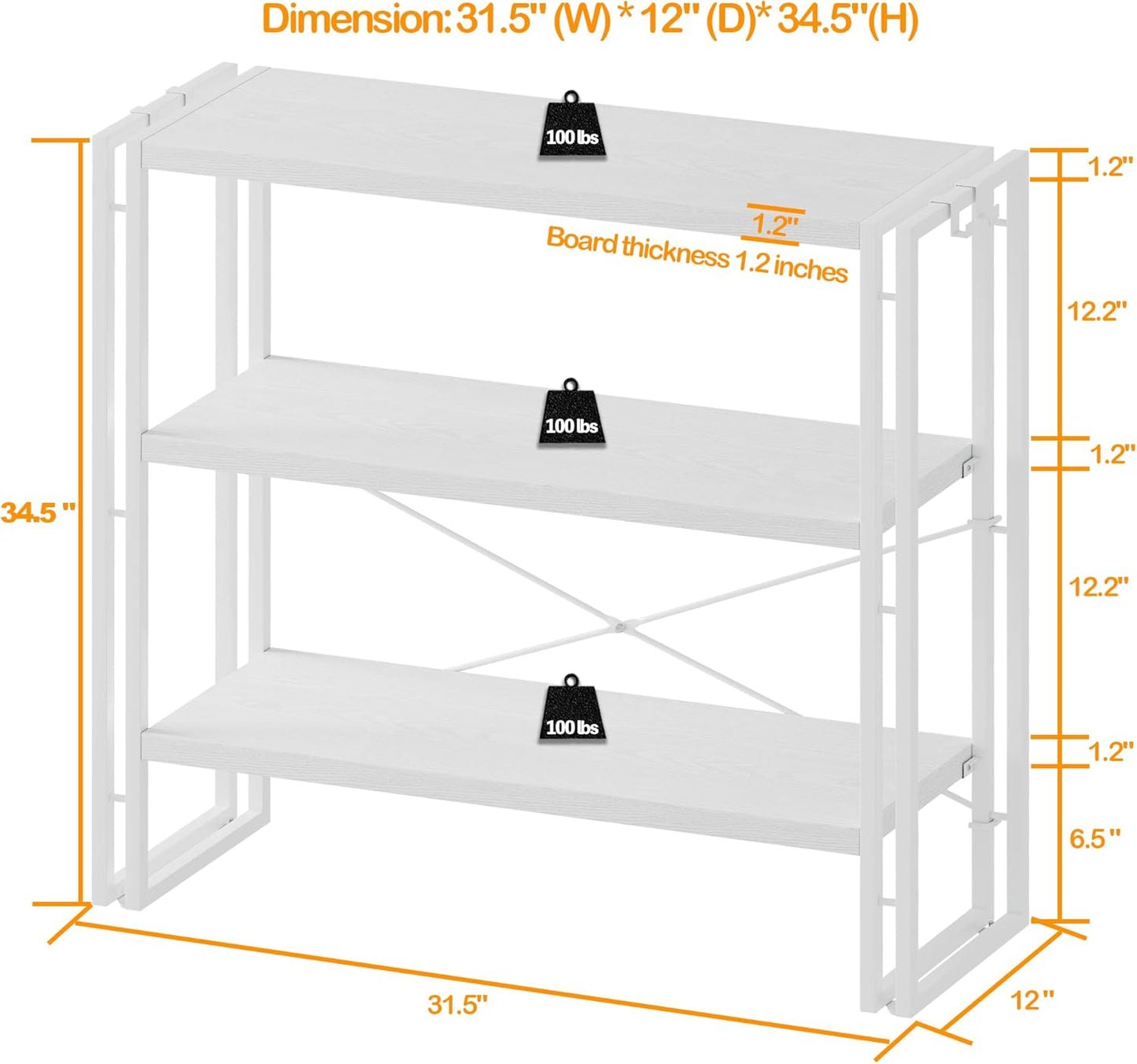 HCHQHS Bookshelf, 3-Tier Industrial Bookcase, White Open Book Shelf, Freestanding Horizontal Bookshelves with Metal Frame