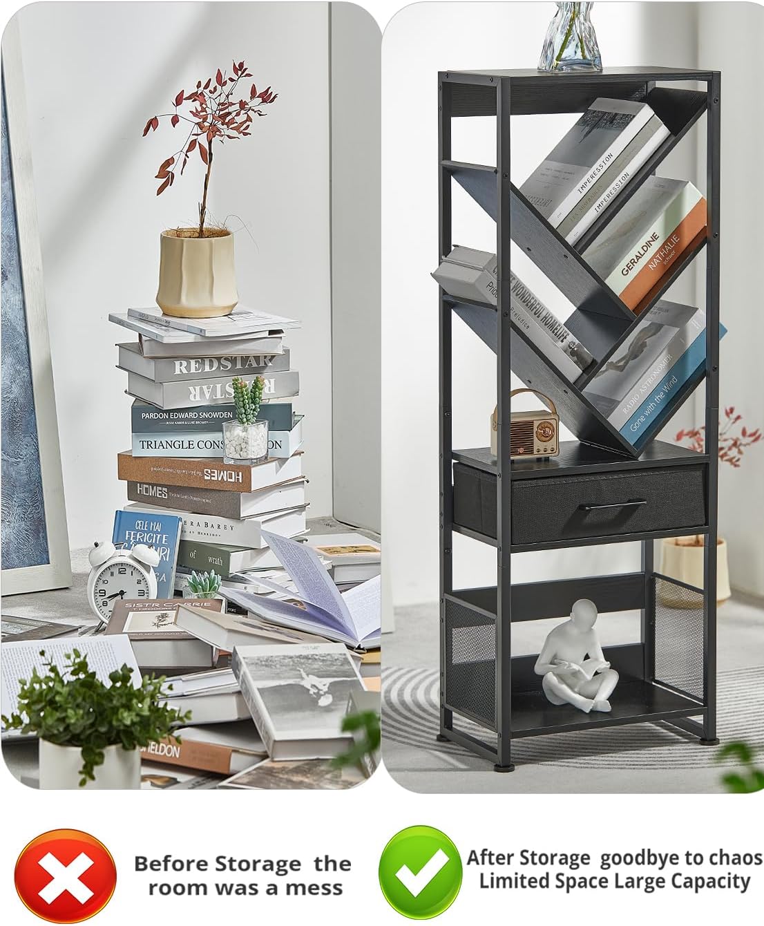 Bookshelf with Drawer,8 Tier Tree Bookcase Retro Floor Standing Bookshelves,Tall Wood Bookcases with Cabinet Storage Organizer for Living Room, Bedroom & Home Office, Black