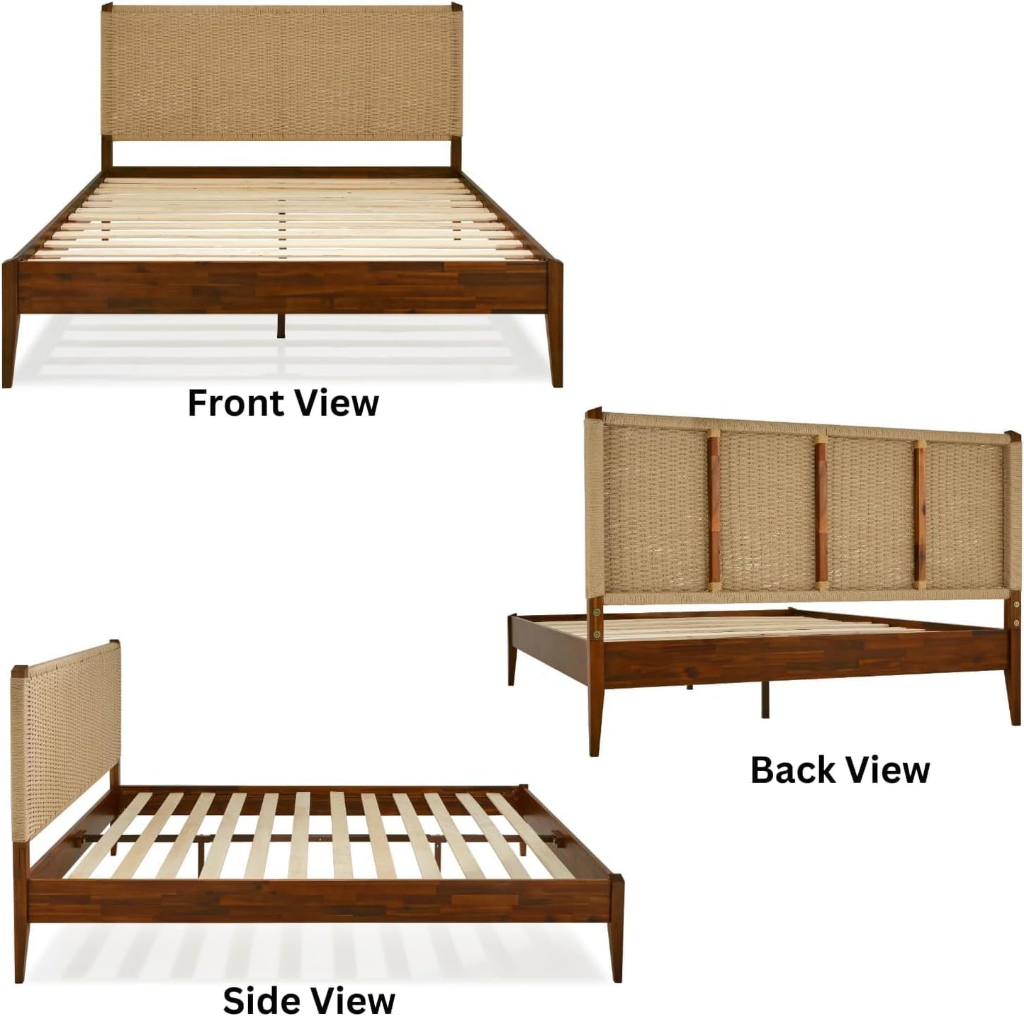 Bme Selina Wood Platform Bed Frame - Handcrafted Paper Cord Unique Headboard - No Box Spring Needed - 12 Strong Wood Slats Support - Easy Assembly - Queen, Dark Chocolate