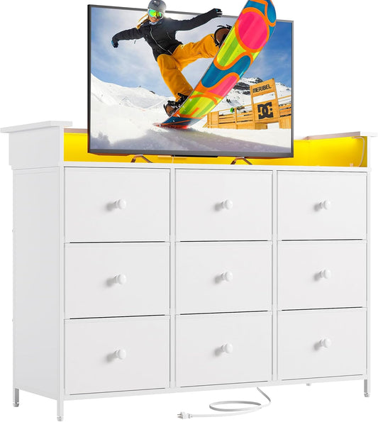 Nicehill 9 Drawer Dresser for Bedroom,Led Light White Dresser,TV Stand for Bedroom with Charging Station, Fabric Drawer Chests of Drawers for Hallway,Closet,Entryway