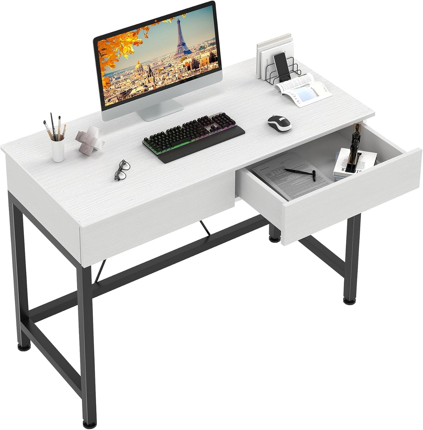 CAIYUN 40Inch Computer Desk with 2 Wooden Drawers, Small Desks for Home Office with Storage,Vanity Desk for Bedroom, Gaming Desk for Small Spaces, Simple Kids Study Writing Desk Table (White, Wooden)