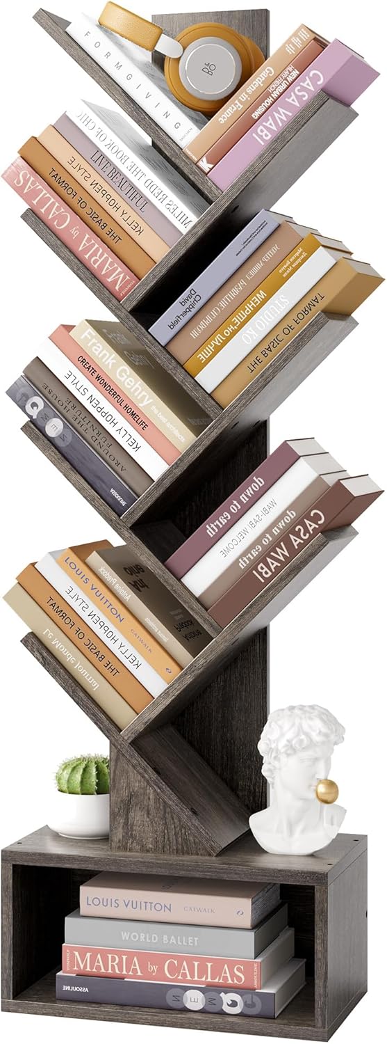 Hoctieon 6 Tier Tree Bookshelf, Tall Bookcase with Drawer, Freestanding Book Shelf, Display Floor Standing Storage Shelf, Book Organizer Shelves for Home Office, Living Room, Bedroom, Grey