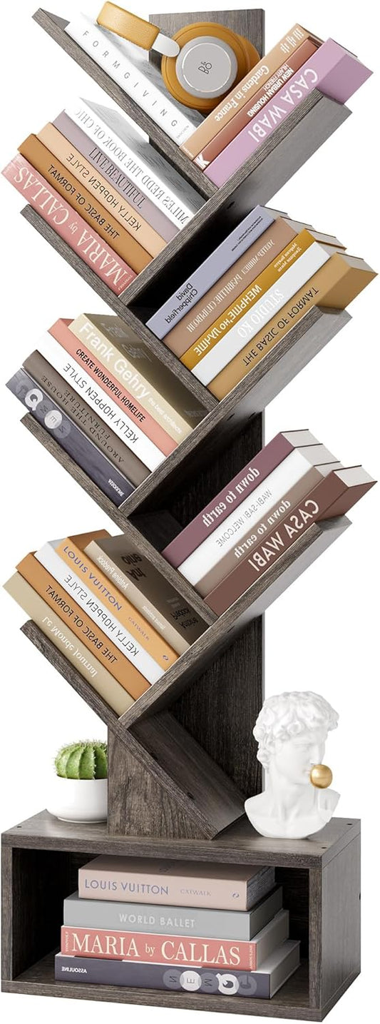 Hoctieon 6 Tier Tree Bookshelf, Tall Bookcase with Drawer, Freestanding Book Shelf, Display Floor Standing Storage Shelf, Book Organizer Shelves for Home Office, Living Room, Bedroom, Grey
