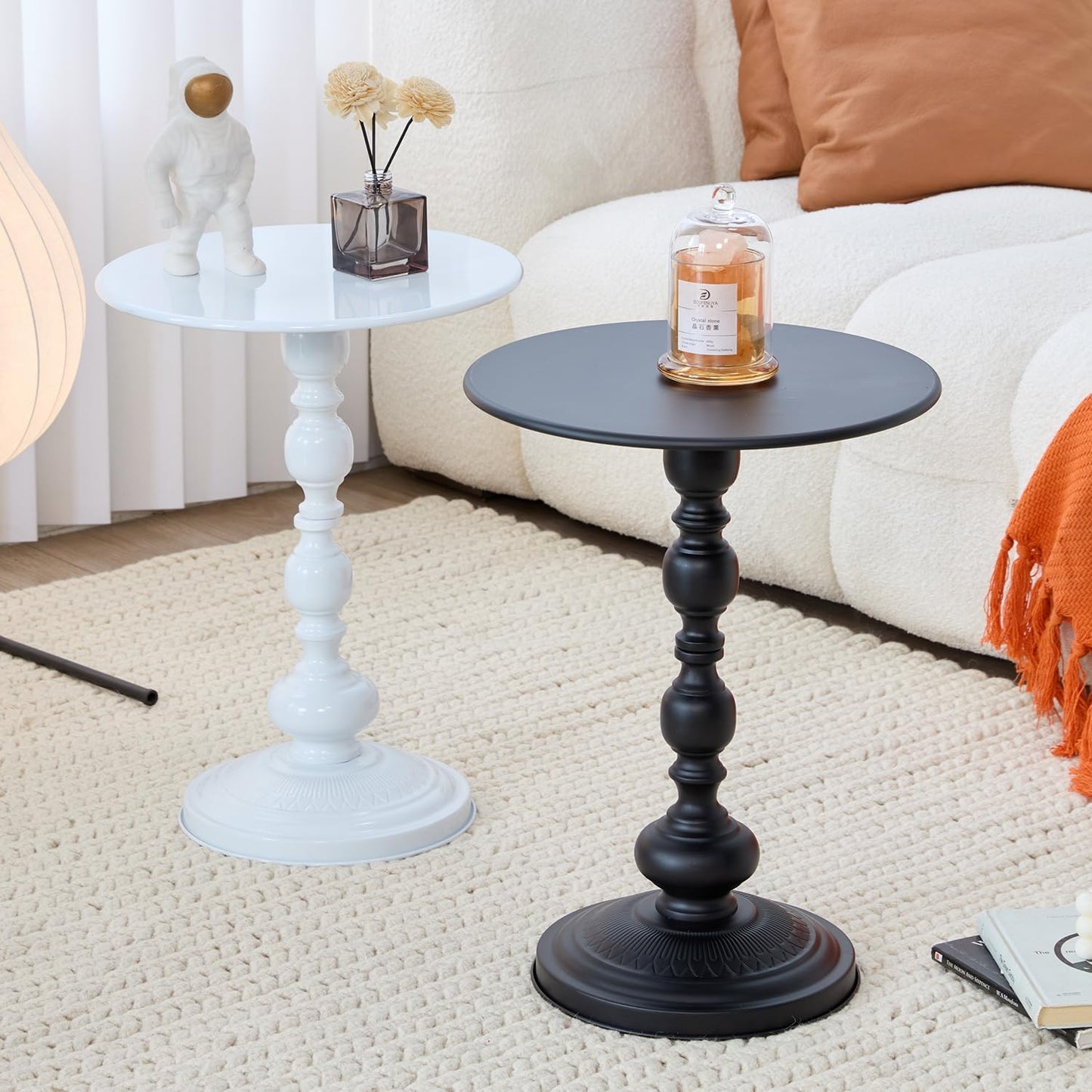 Chic Vintage Round Side Table with Elegant Roman Columns - Sturdy Metal Construction, Perfect for Coffee, End, Tea, or Leisure Use in Living Room or Bedroom Decor (Black and White 1 Pack)