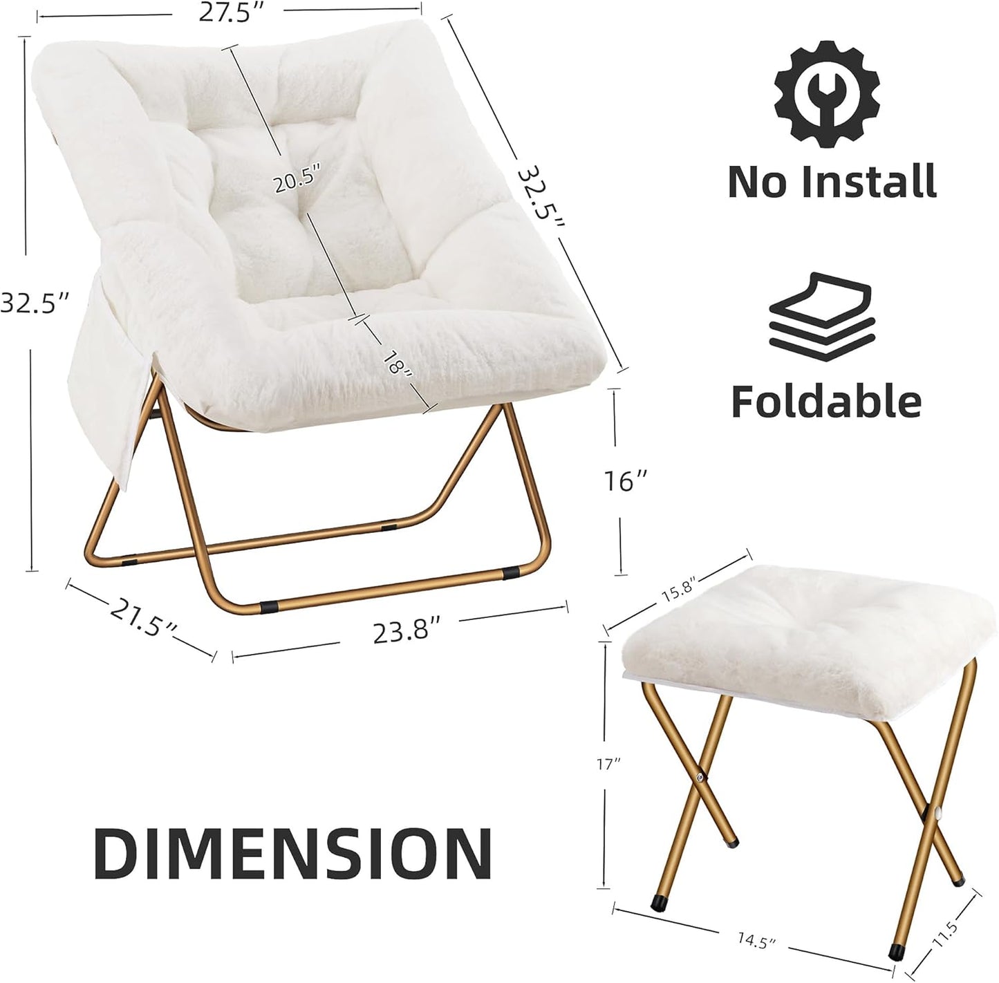 Comfy Saucer Chair for Adults, Foldable Living Room Chairs, Soft Faux Fur Lounge Chair for Bedroom, Reading Chairs, X-Large (Ottoman-White)